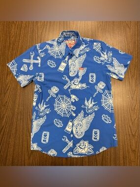 DIXXON “Party Boy” Royal Blue Short-Sleeve Graphic Button-Down Shirt